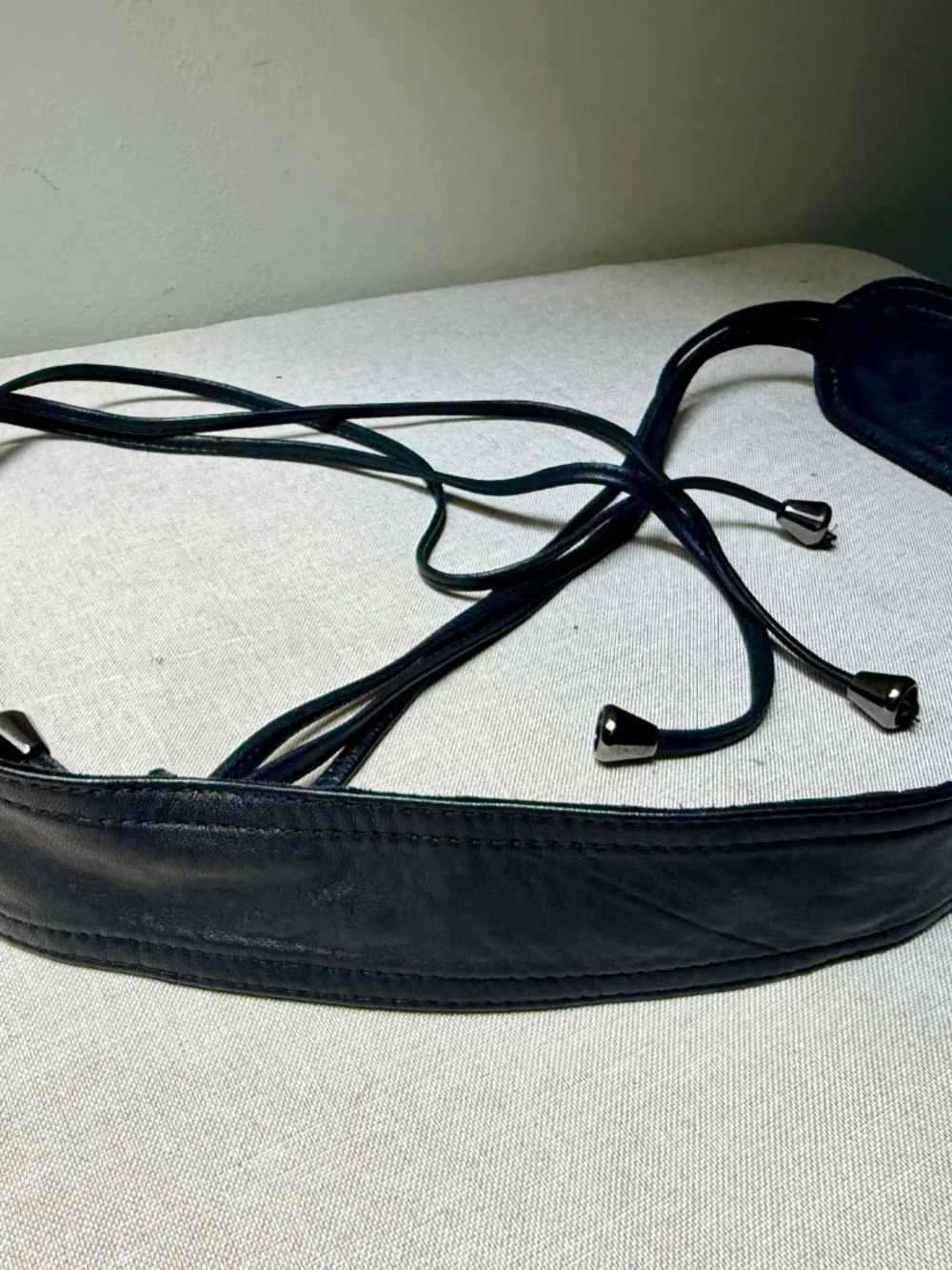 Black Faux Leather Obi Belt With Silver Beads